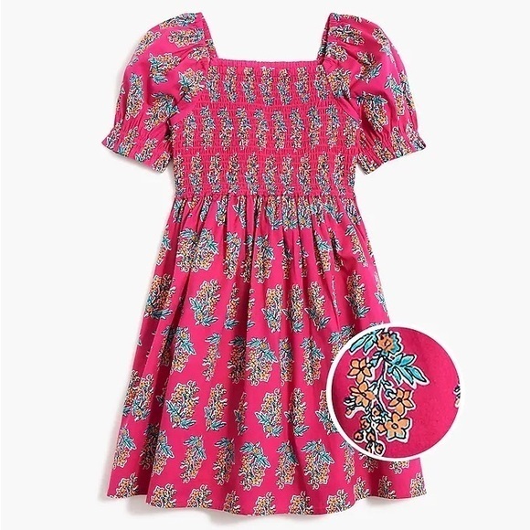 Crewcuts Girl’s Hot Pink Smocked Floral Summer Dress Puff Sleeves Princess 8 - Picture 1 of 12
